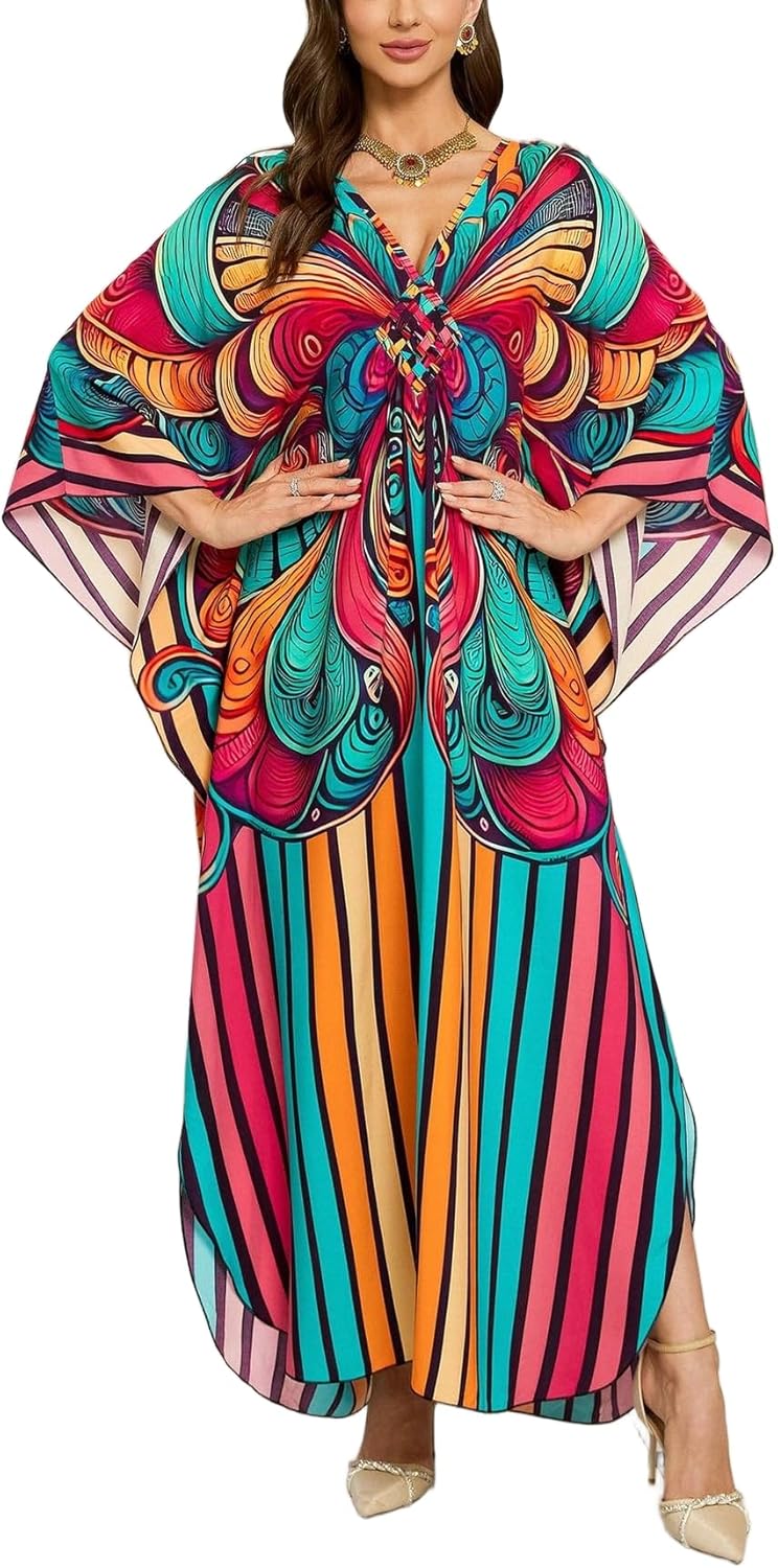 KEYLORTING Women’s Kaftan Beach Cover Up Dress Plus Size Summer Swimsuit Loungewear Maxi Dress - Image 1